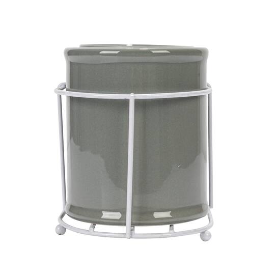 Hello Honey® 11.5" Gray Farmhouse Ceramic Crocks in White Metal Holder